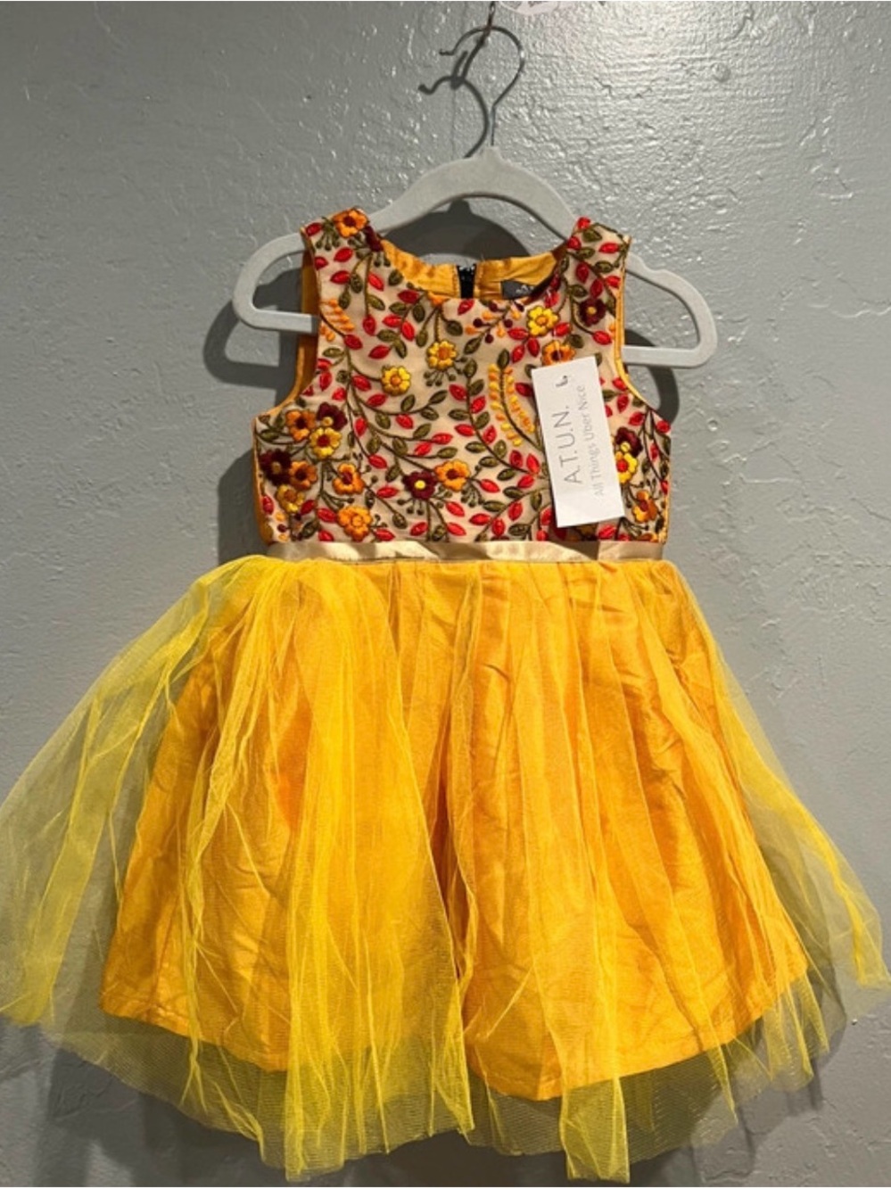 ATUN Yellow Floral Embroidered Tulle Kids Costume Dress